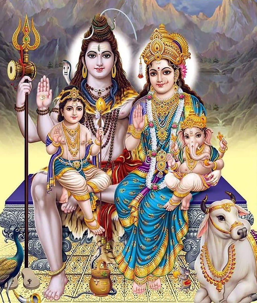 Lord Shiva and Goddess Parvati with Ganesha and Kartikeya in a Divine Family Portrait HD phone wallpaper