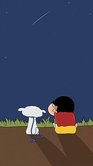 Crayon Shin-chan and His Dog Sitting Under a Starry Night Sky HD phone wallpaper