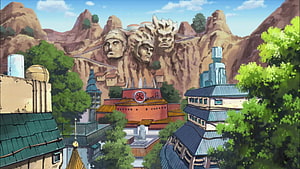 Village Hidden in the Leaves with Hokage Monument and Fire Symbol in Naruto Anime Landscape HD wallpaper