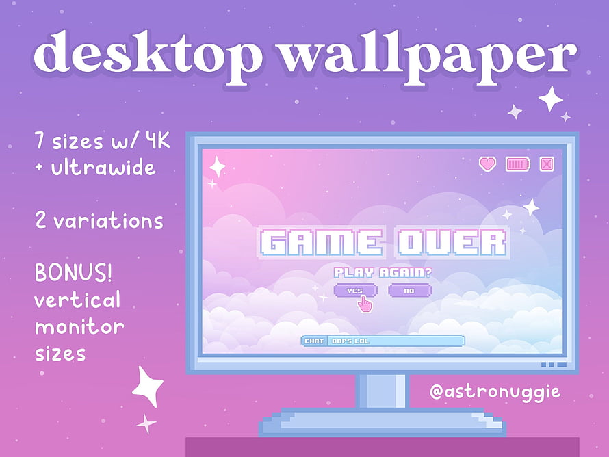 Pastel Purple Retro Pixel Art Game Over Screen on Desktop Monitor HD wallpaper
