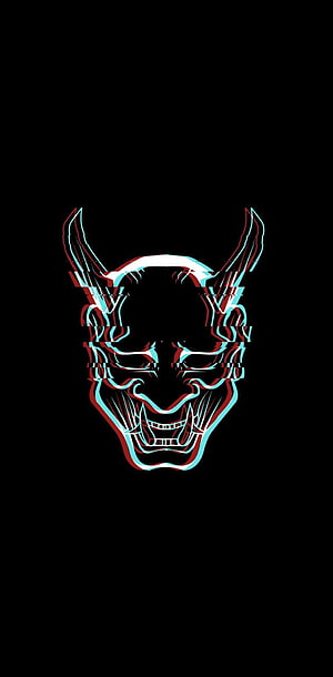 Glitch Art Devil Mask with Red and Cyan Chromatic Aberration on Black Background HD phone wallpaper