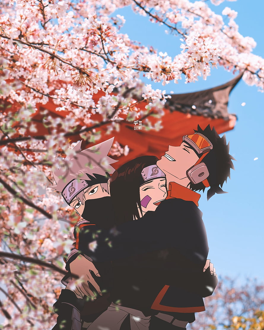 Naruto Team 7 Members Embracing Under Cherry Blossoms HD phone wallpaper