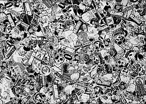 Dense Black and White Sticker Bomb Pattern with Comic Book Elements HD wallpaper