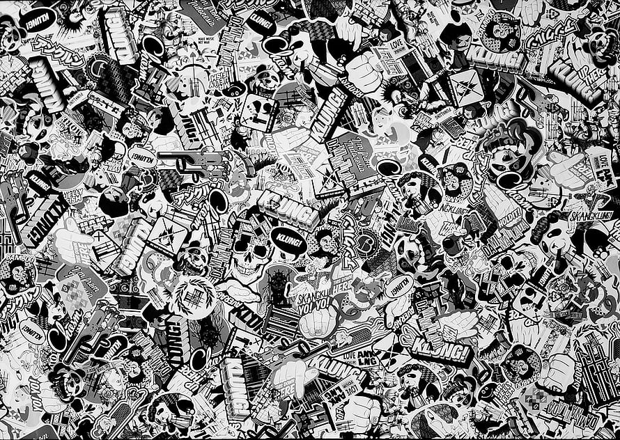 Dense Black and White Sticker Bomb Pattern with Comic Book Elements HD wallpaper