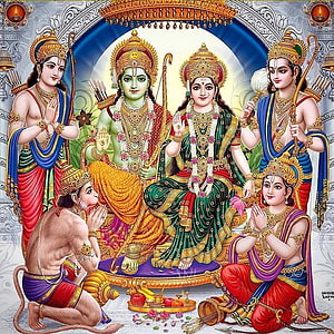 Lord Rama and Sita Seated on Divine Throne with Hanuman and Devotees in Traditional Indian Art HD phone wallpaper