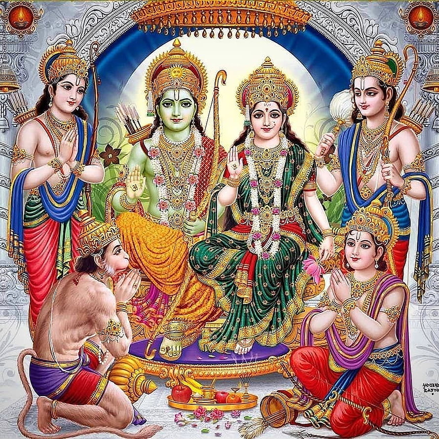 Lord Rama and Sita Seated on Divine Throne with Hanuman and Devotees in Traditional Indian Art HD phone wallpaper