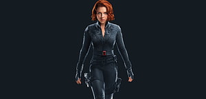 Black Widow in Tactical Suit with Red Hair and Utility Belt Against Dark Background HD wallpaper
