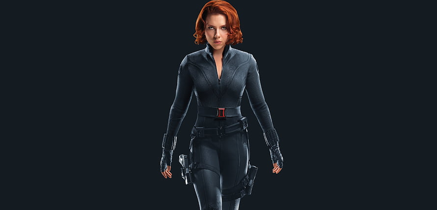 Black Widow in Tactical Suit with Red Hair and Utility Belt Against Dark Background HD wallpaper