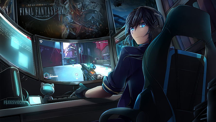 Anime Boy Gamer at Multi-Monitor Setup with Final Fantasy XIV Poster HD wallpaper