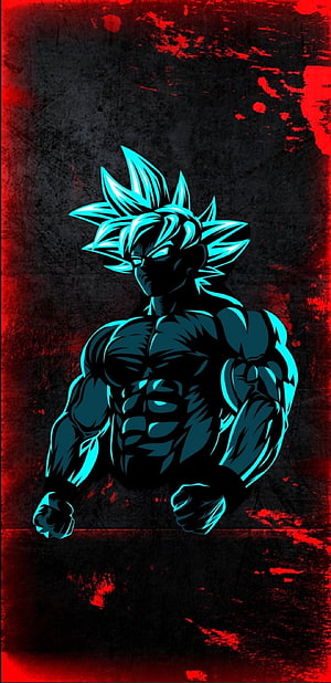 Goku Super Saiyan Blue Silhouette with Cyan Glow on Dark Red Grunge Background HD phone wallpaper
