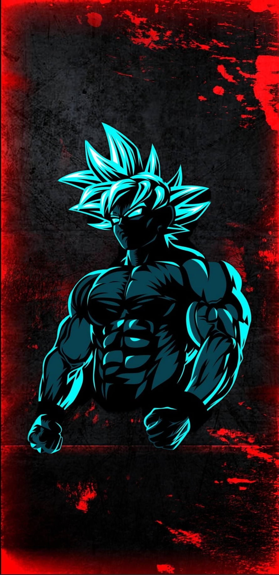 Goku Super Saiyan Blue Silhouette with Cyan Glow on Dark Red Grunge Background HD phone wallpaper