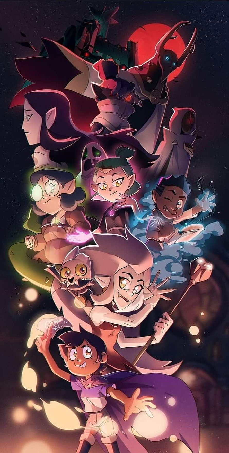 The Owl House Animated Ensemble Featuring Luz, Eda, King, and Amity in a Dark Fantasy Setting HD phone wallpaper