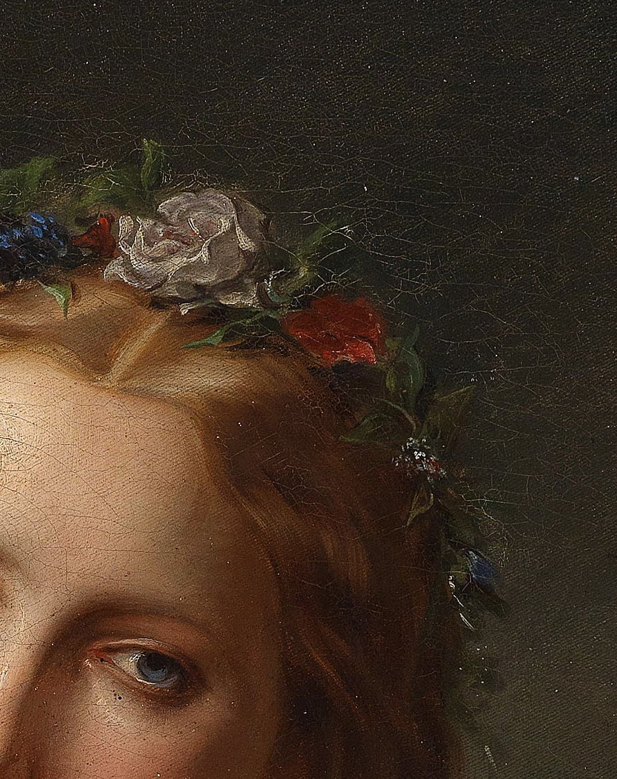 Renaissance Portrait Detail: Woman with Floral Crown and Blue Eye HD phone wallpaper