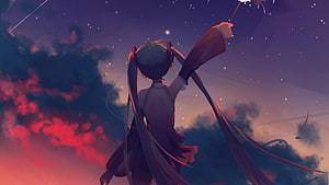 Anime Girl With Long Twin Tails Reaching Toward A Starry Twilight Sky HD wallpaper