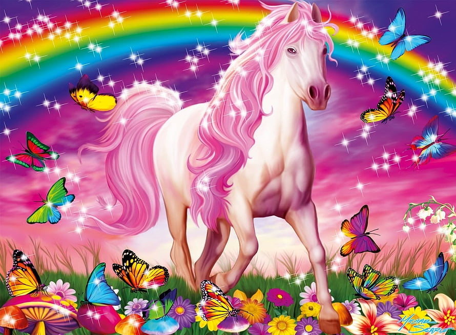 Pink Maned Horse in Rainbow Meadow with Colorful Butterflies and Sparkles HD wallpaper