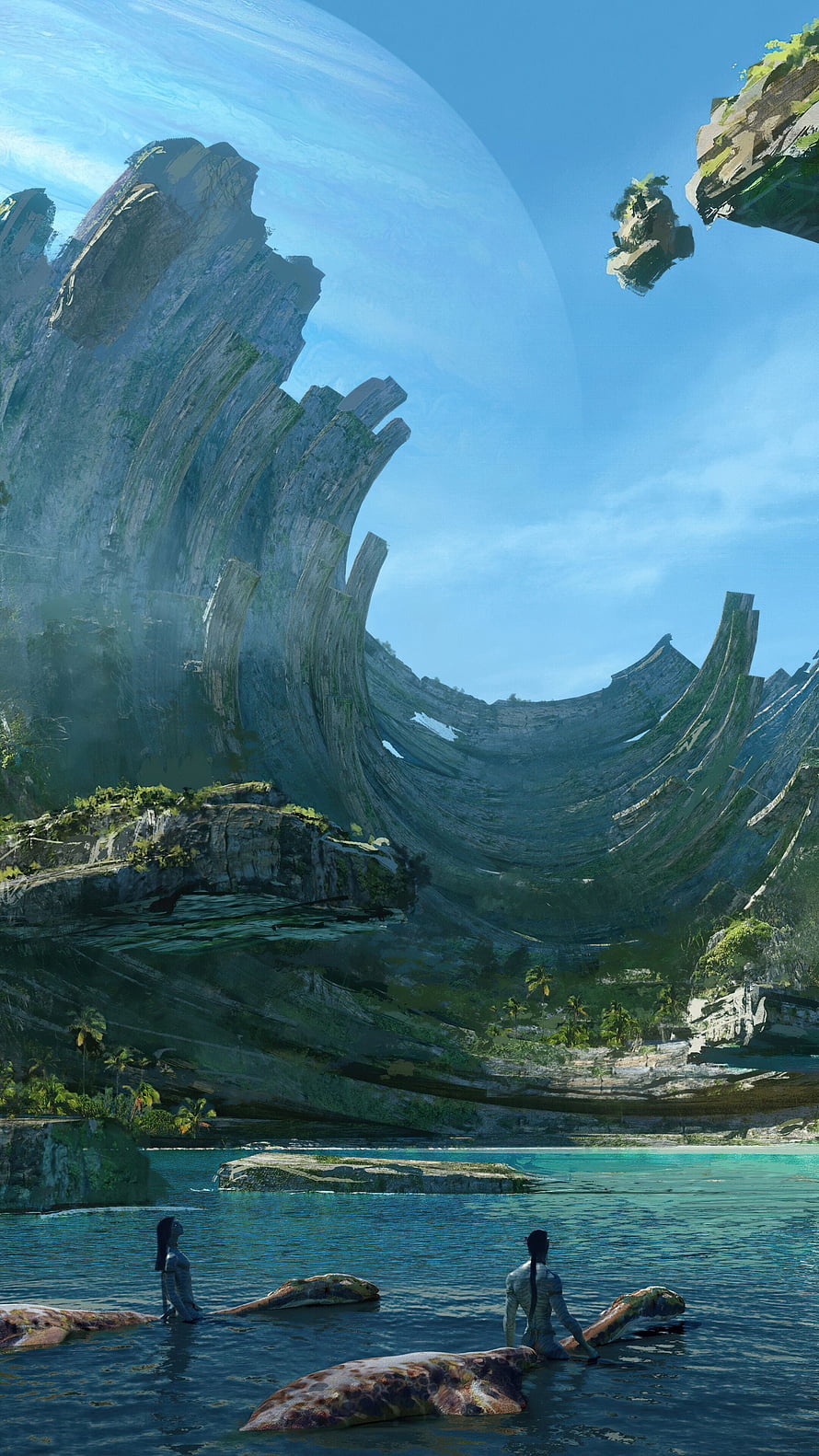 Avatar 2 Concept Art: Na'vi Figures in a Serene Lagoon with Floating Islands and a Giant Planet HD phone wallpaper