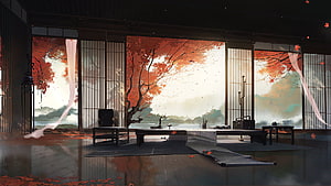 Traditional Japanese Interior With Autumn Maple Trees And Sliding Shoji Screens HD wallpaper