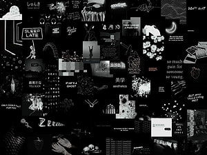 Dark Aesthetic Black and White Collage Wallpaper with Edgy Typography and Gothic Illustrations HD wallpaper