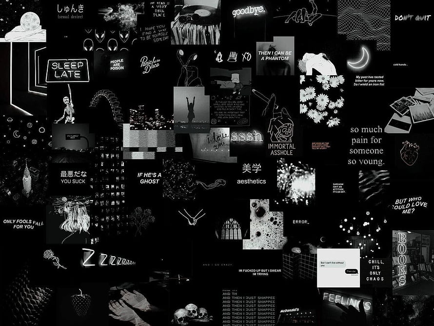 Dark Aesthetic Black and White Collage Wallpaper with Edgy Typography and Gothic Illustrations HD wallpaper