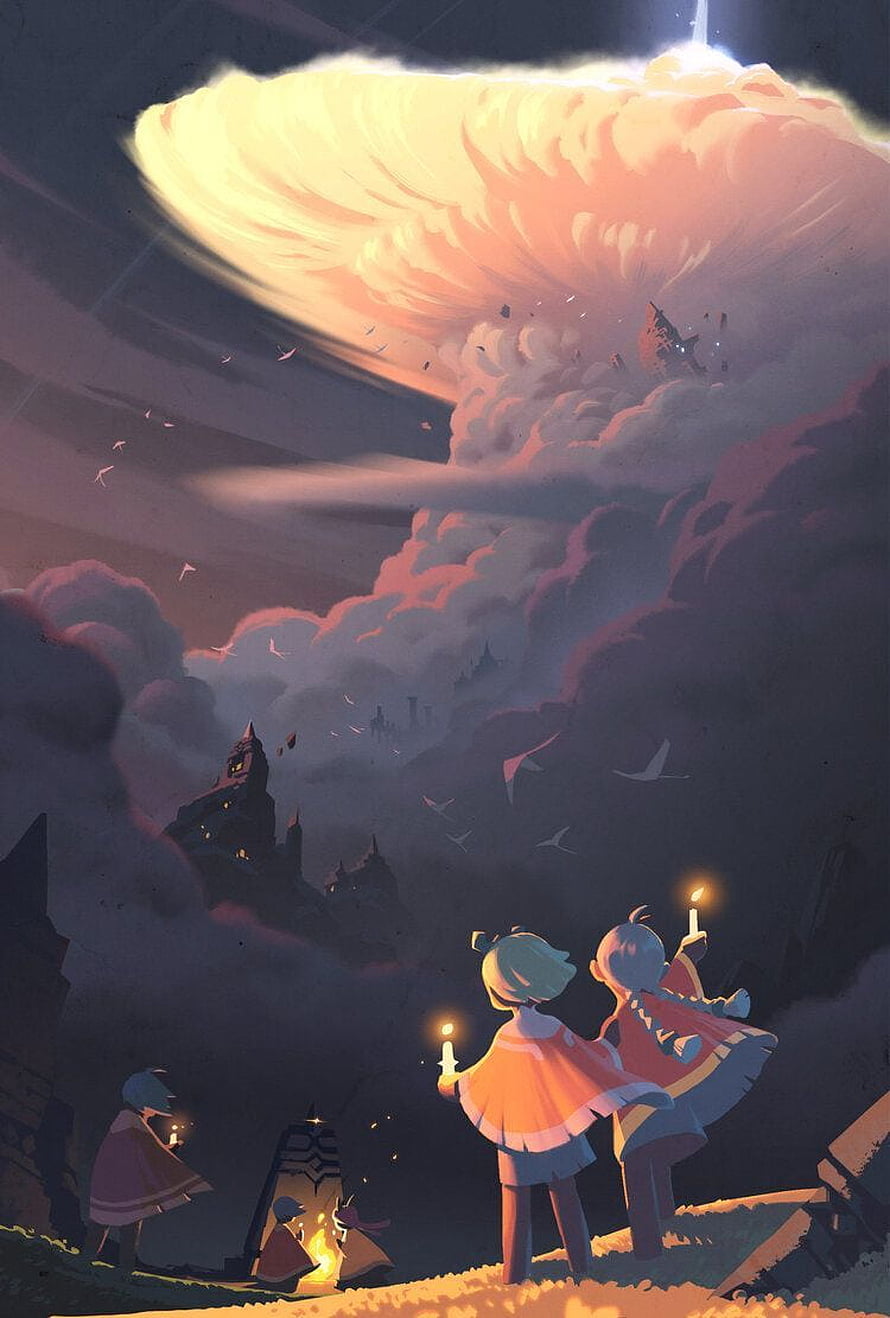 Sky Children of the Light: Children Gazing at a Glowing Cloud Over a Dark Castle HD phone wallpaper