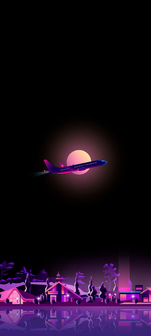 Neon airplane flying over a glowing village at night in a dark minimalist digital art style HD phone wallpaper