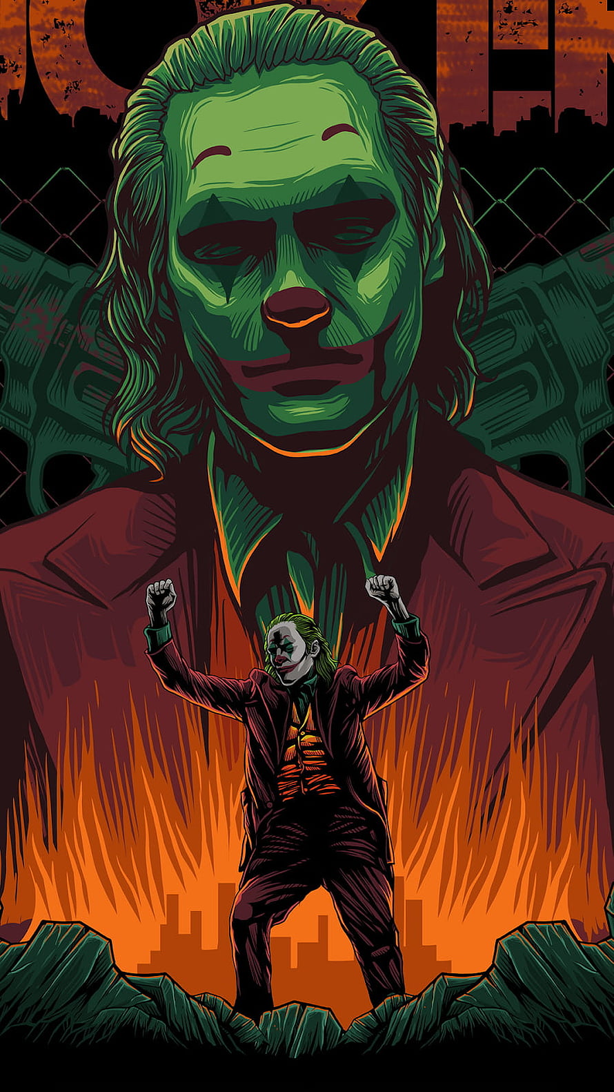 Joker Vector Illustration with Fiery Cityscape Background and Dramatic Silhouette HD phone wallpaper