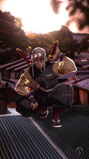 Tengen Uzui from Demon Slayer in a dynamic crouching pose on a traditional Japanese rooftop at sunset HD phone wallpaper
