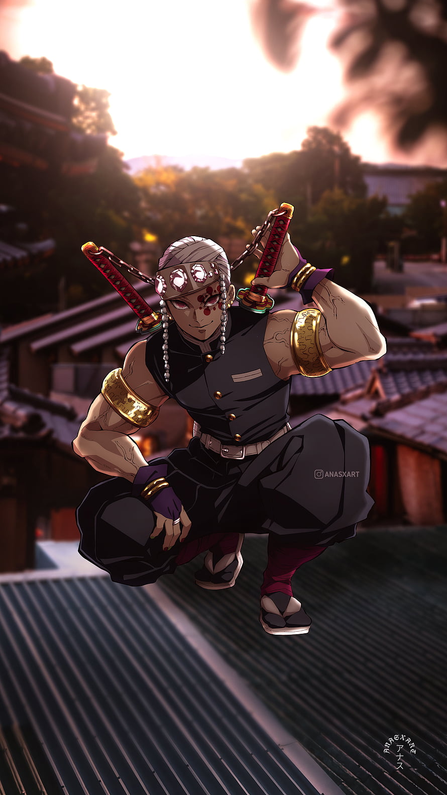 Tengen Uzui from Demon Slayer in a dynamic crouching pose on a traditional Japanese rooftop at sunset HD phone wallpaper
