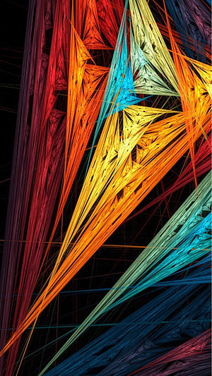 Vibrant Geometric Fractal Art with Radiant Colorful Lines on Black Background HD phone wallpaper