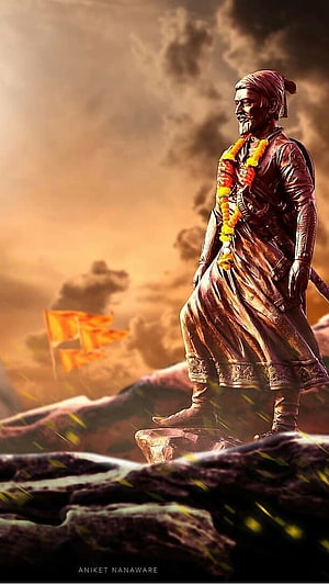 Shivaji Maharaj Statue on Rocky Outcrop with Maratha Flag and Dramatic Sky HD phone wallpaper
