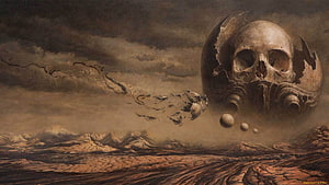 Zdzislaw Beksinski Dark Surreal Skull Planet Over Desolate Landscape HD wallpaper