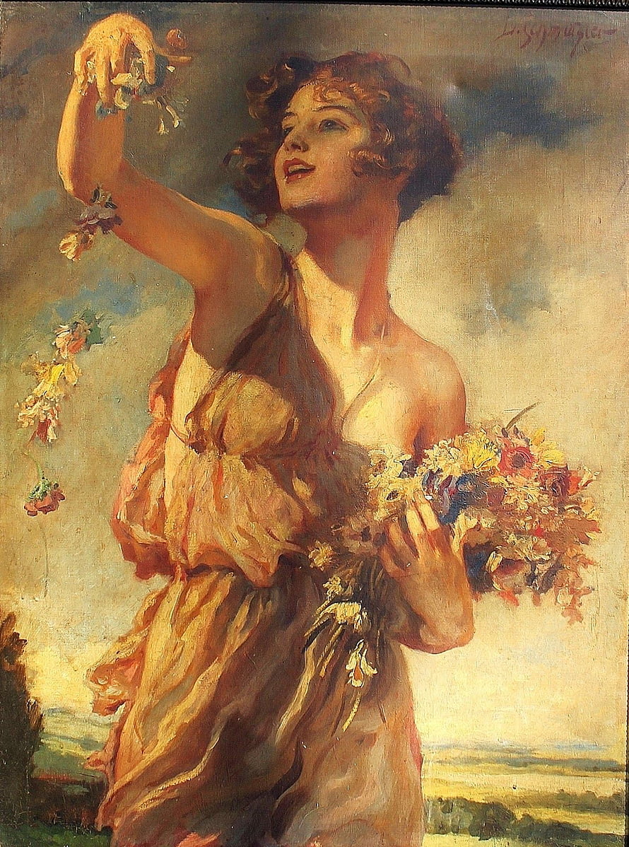 Impressionist Oil Painting of a Woman in a Flowing Gown Scattering Flowers HD phone wallpaper