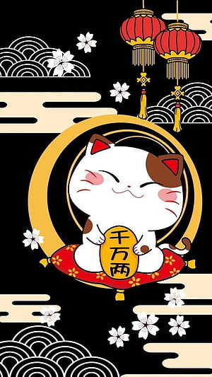 Cute Kawaii Maneki Neko Lucky Cat with Gold Coin and Red Lanterns on Black Background HD phone wallpaper