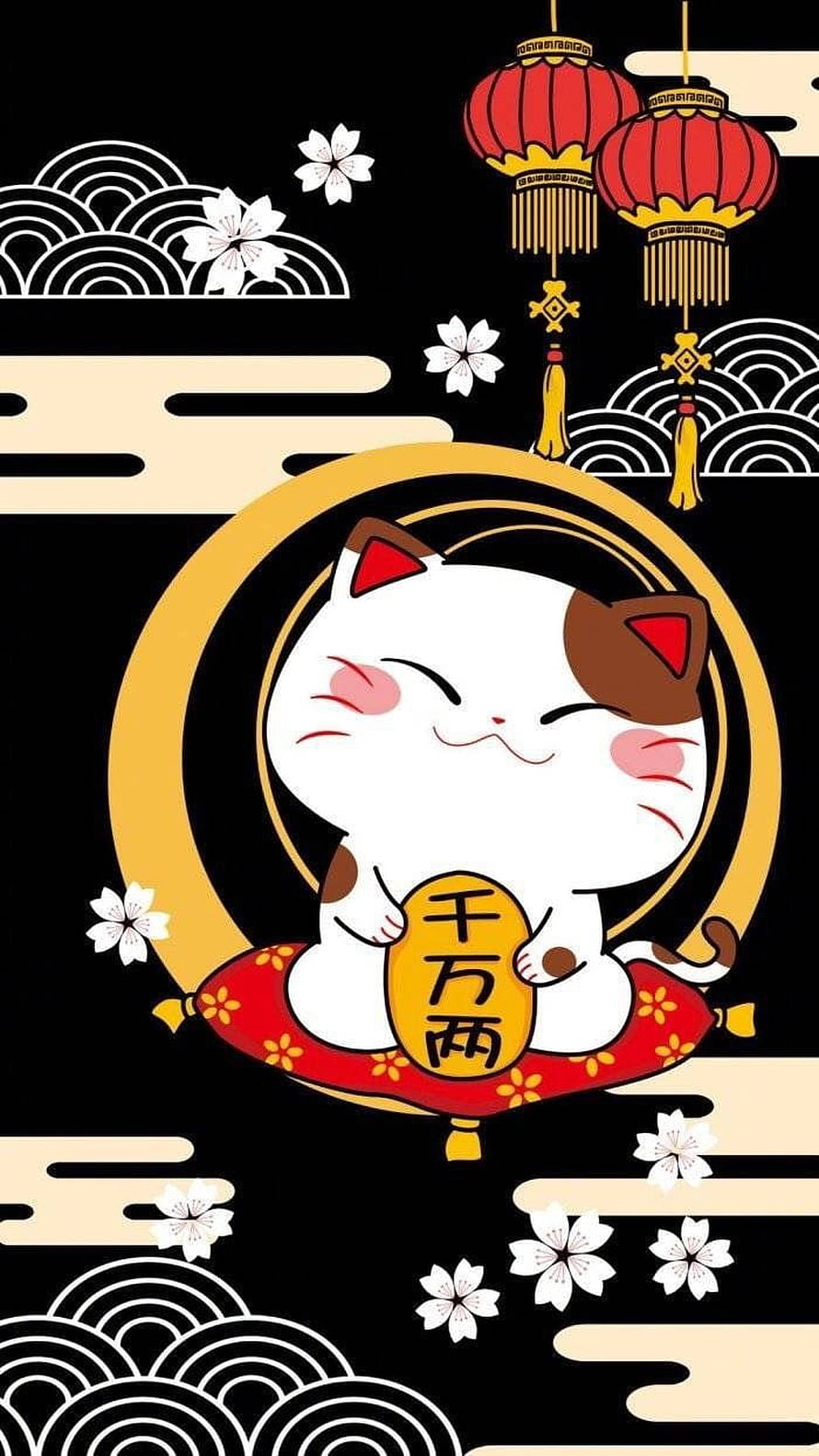 Cute Kawaii Maneki Neko Lucky Cat with Gold Coin and Red Lanterns on Black Background HD phone wallpaper