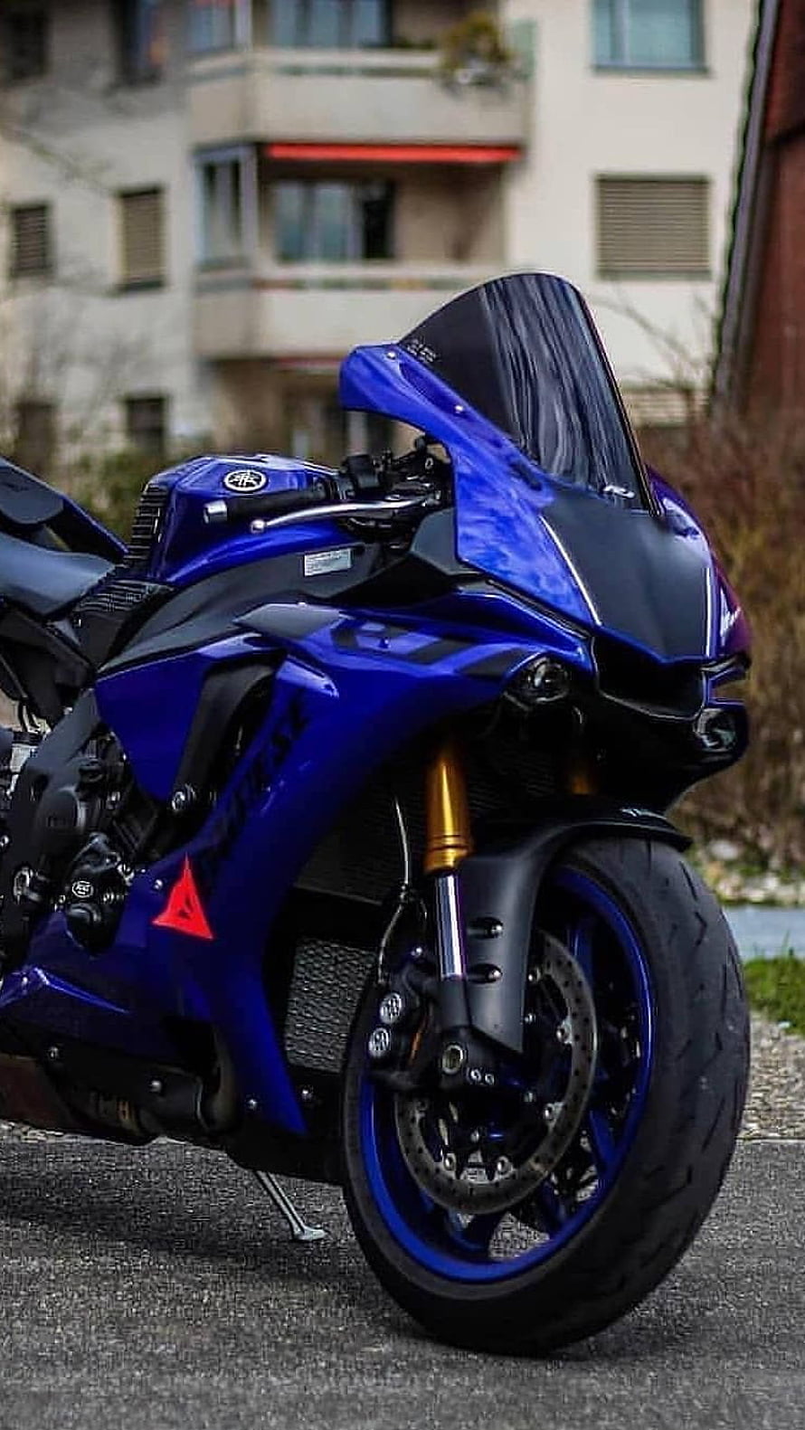 Yamaha YZF-R1 Blue Sport Motorcycle Front View with Gold Forks HD phone wallpaper