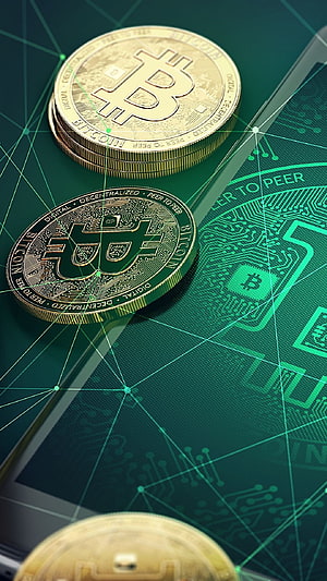 Bitcoin coins and digital circuit board with network connectivity lines HD phone wallpaper