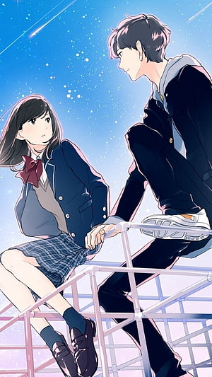 Anime School Couple Sharing a Quiet Moment on a Rooftop Under a Starry Sky HD phone wallpaper