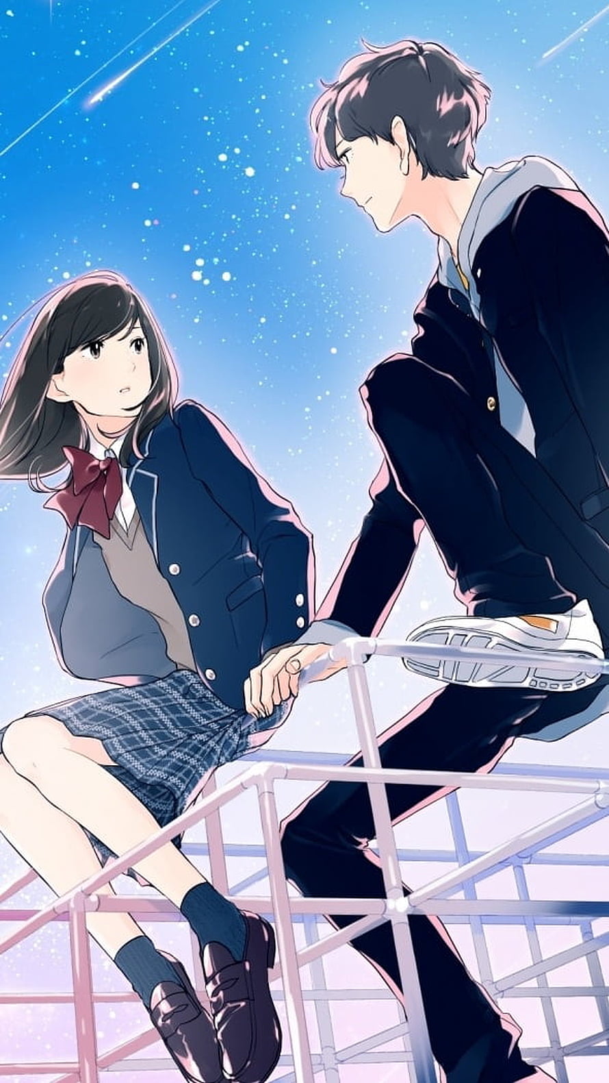 Anime School Couple Sharing a Quiet Moment on a Rooftop Under a Starry Sky HD phone wallpaper