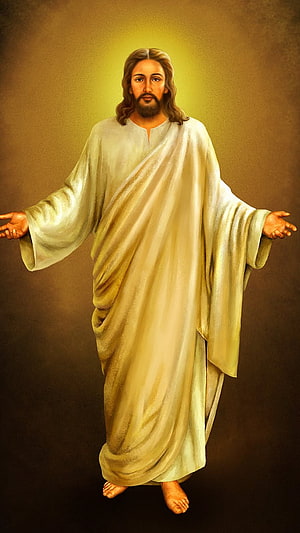 Jesus Christ in White Robes with Golden Halo and Outstretched Arms HD phone wallpaper