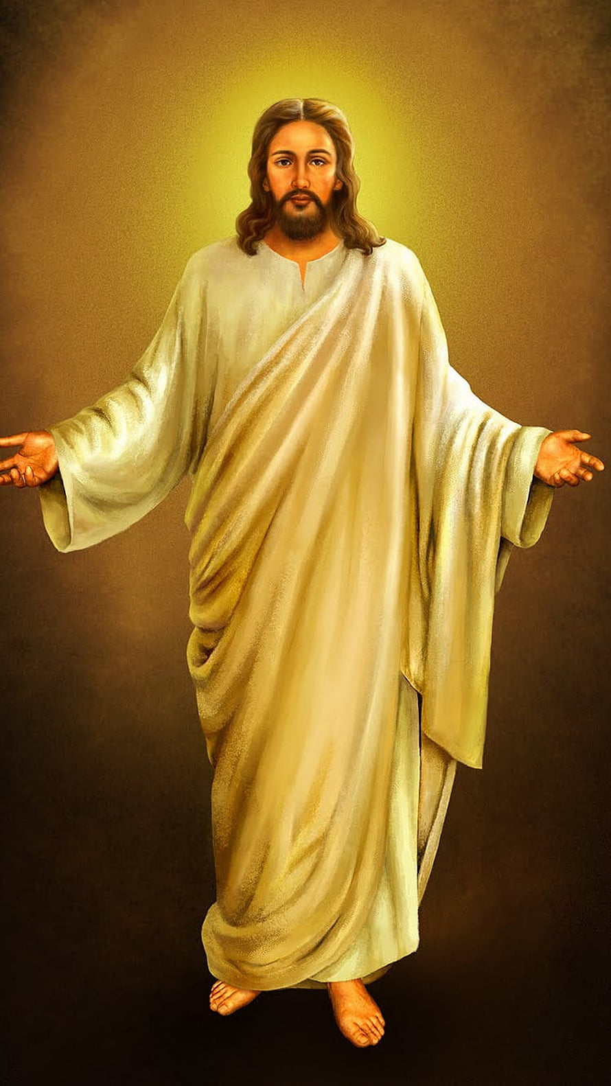 Jesus Christ in White Robes with Golden Halo and Outstretched Arms HD phone wallpaper
