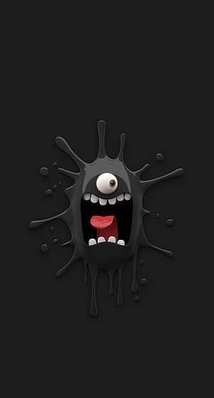 Cute Black Ink Splatter Monster with One Eye and Open Mouth on Dark Background HD phone wallpaper