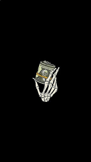 Skeletal Hand Holding a Roll of US Dollar Bills on a Black Background HD phone wallpaper