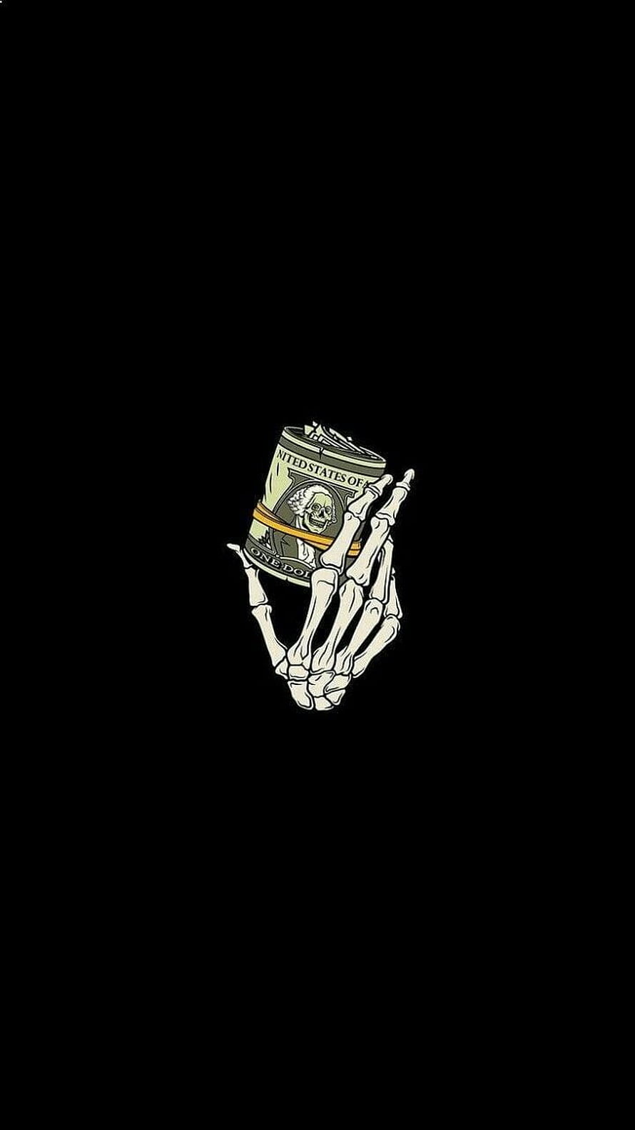 Skeletal Hand Holding a Roll of US Dollar Bills on a Black Background HD phone wallpaper