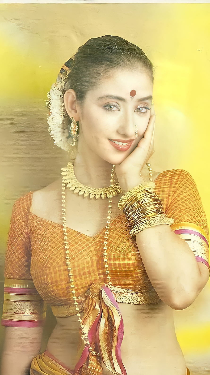 Manisha Koirala in Traditional Indian Attire with Gold Jewelry and Floral Hairpiece HD phone wallpaper