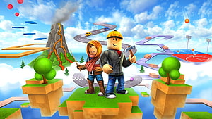 Roblox Studio promotional art featuring two blocky avatars on floating islands with a volcano and winding roads HD wallpaper