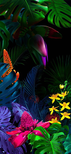Vibrant 3D Tropical Jungle with Neon Flowers and Monstera Leaves on Black Background HD phone wallpaper