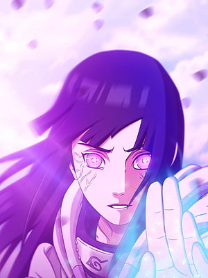 Hinata Hyuga from Naruto Shippuden with glowing Byakugan eyes and purple energy aura HD phone wallpaper