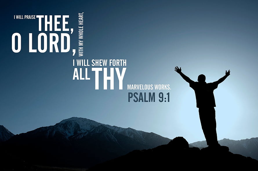 Psalm 9:1 Silhouette Worshipper on Mountain Peak with Inspirational Bible Verse HD wallpaper