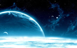 Majestic Blue Planet Horizon With Distant Moons And Cosmic Nebulae In Deep Space HD wallpaper