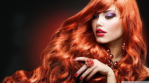 Glamorous Portrait of a Woman with Long Wavy Red Hair and Bold Red Lipstick HD wallpaper
